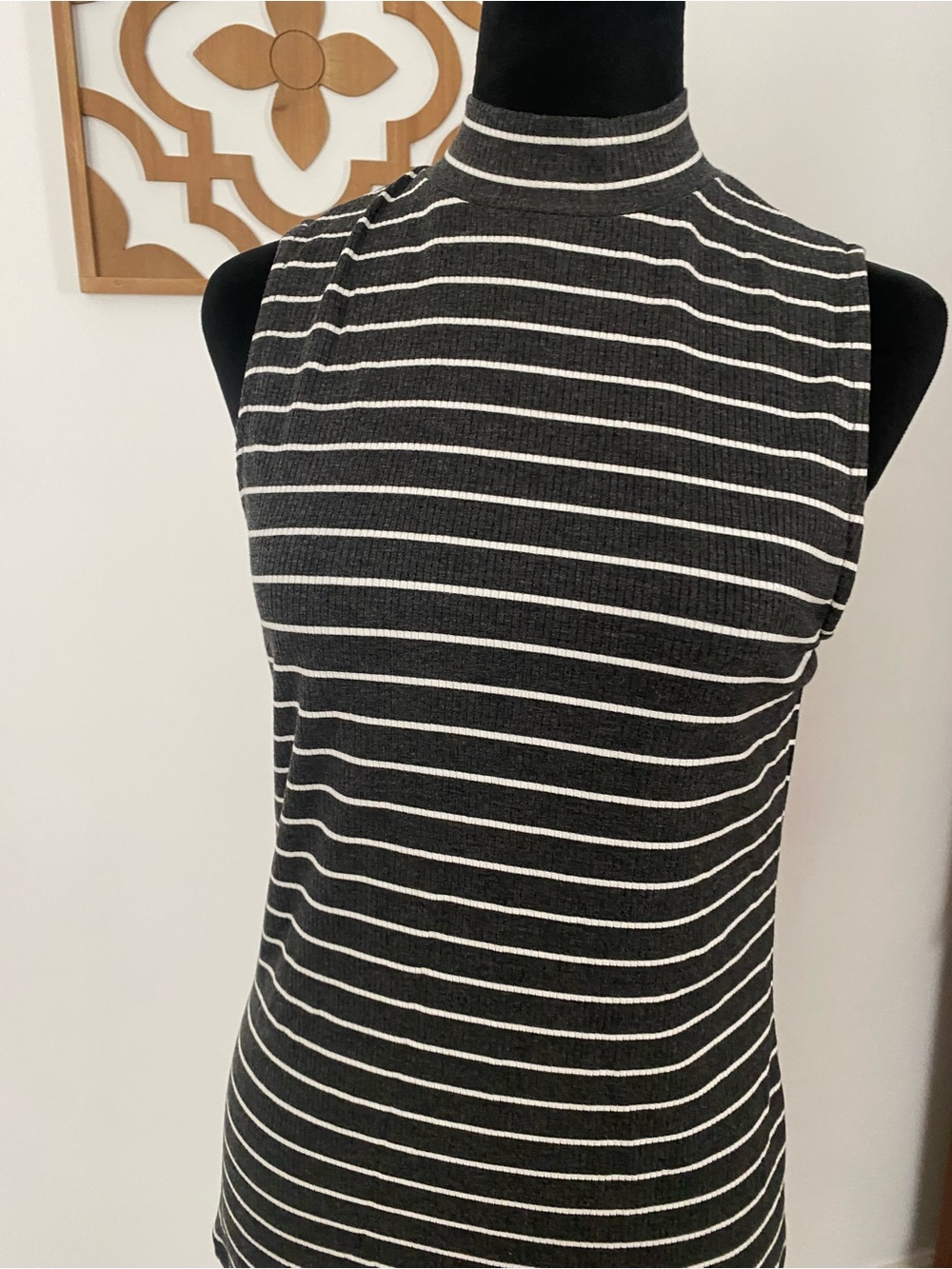 MICHAEL Michael Kors Dark Grey and White Striped Mock Neck Tank
